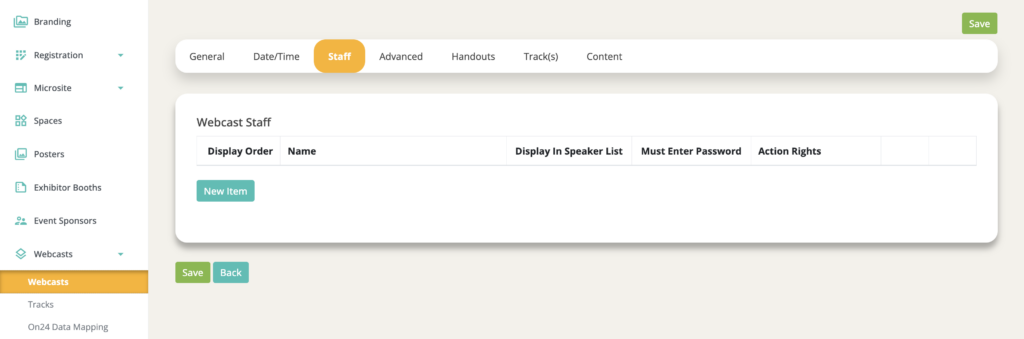 Webcast staff tab in the event configuration portal