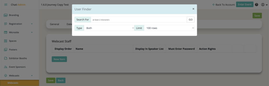 Adding webcast staff, user selection